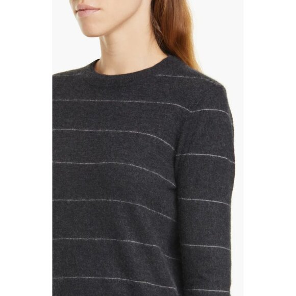 Vince Stripe Fitted 100% Cashmere Crewneck Sweater Charcoal Gray Size XL $345 - Picture 3 of 14